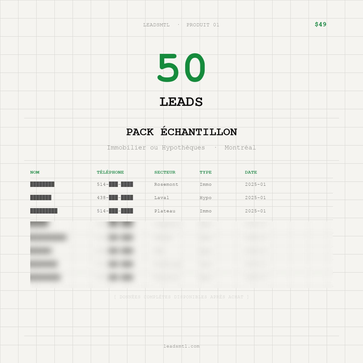 Pack Échantillon — 50 Leads QC