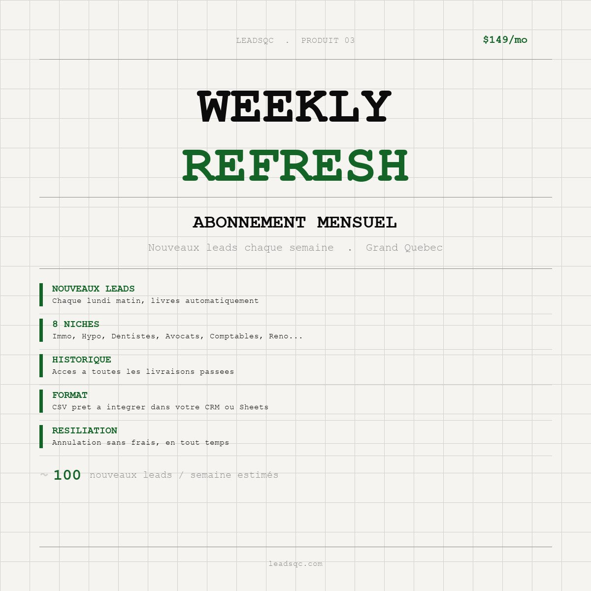 Abonnement Mensuel — Leads QC Weekly Refresh